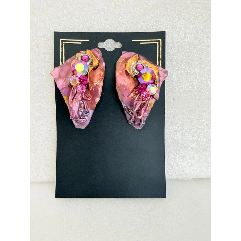 Vintage 1988 Lacombe Signed Abstract Mixed Media Clay Rhinestone Clip On Earring